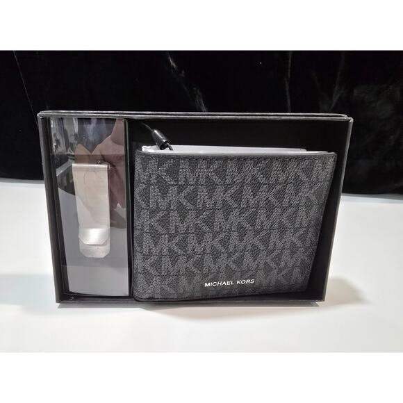 Michael Kors MK Men Black Logo Leather Bifold Billfold Slim Wallet w/ Money Clip - Picture 1 of 5